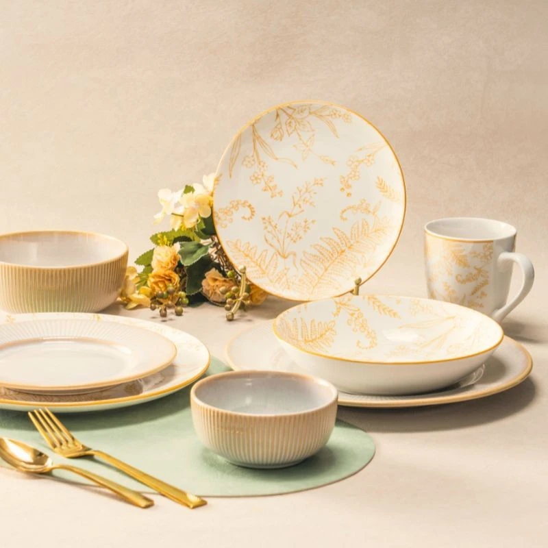 Autumn Botanical Ceramic Dinnerware Set – Fluted Embossed Reactive Glaze With Leaf Decal & Pad Printing suppliers