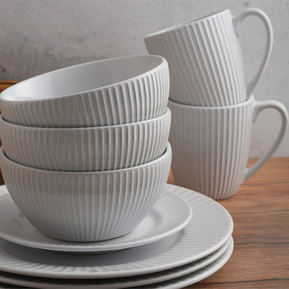 Creamy Snow White Embossed Stripe 16PC Porcelain Dinner Set