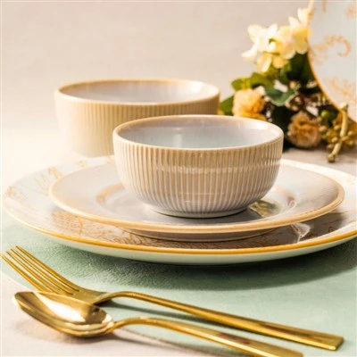Autumn Botanical Ceramic Dinnerware Set – Fluted Embossed Reactive Glaze With Leaf Decal & Pad Printing