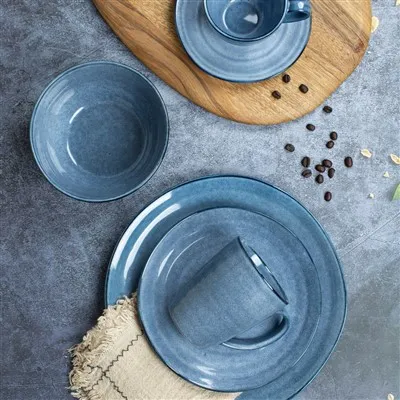 Chic Chambray Ceramic Stoneware Dinnerware 16 Piece Set - Service For 4,Denim Blue