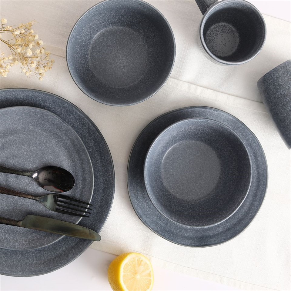 Stoneware Earth Grey Range Wave-Like Edge Everyday Dinnerware Set